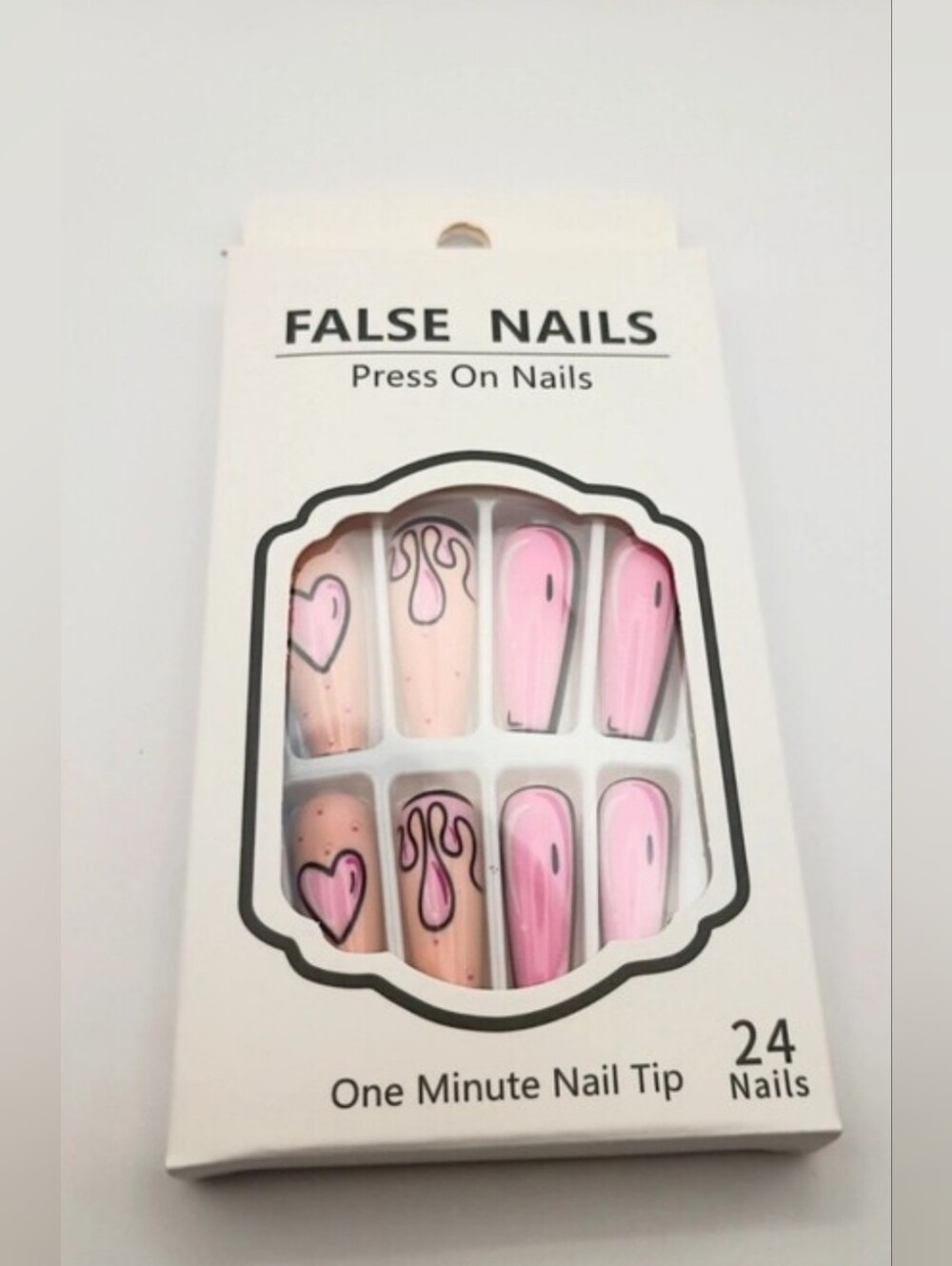 Press-On False Nails - Pink Heart & Drip Design